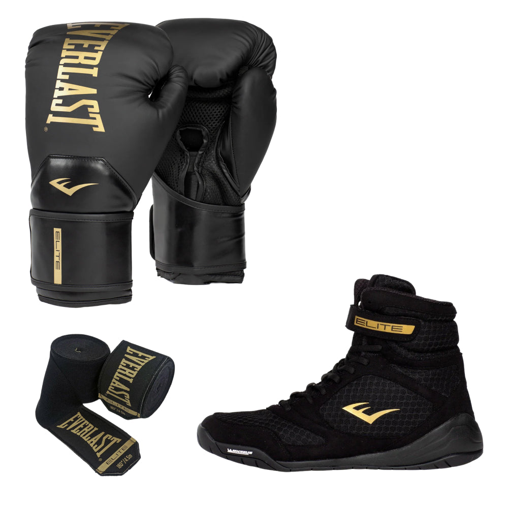 Black Elite Boxing Shoe. Glove and Hand Wrap Bundle