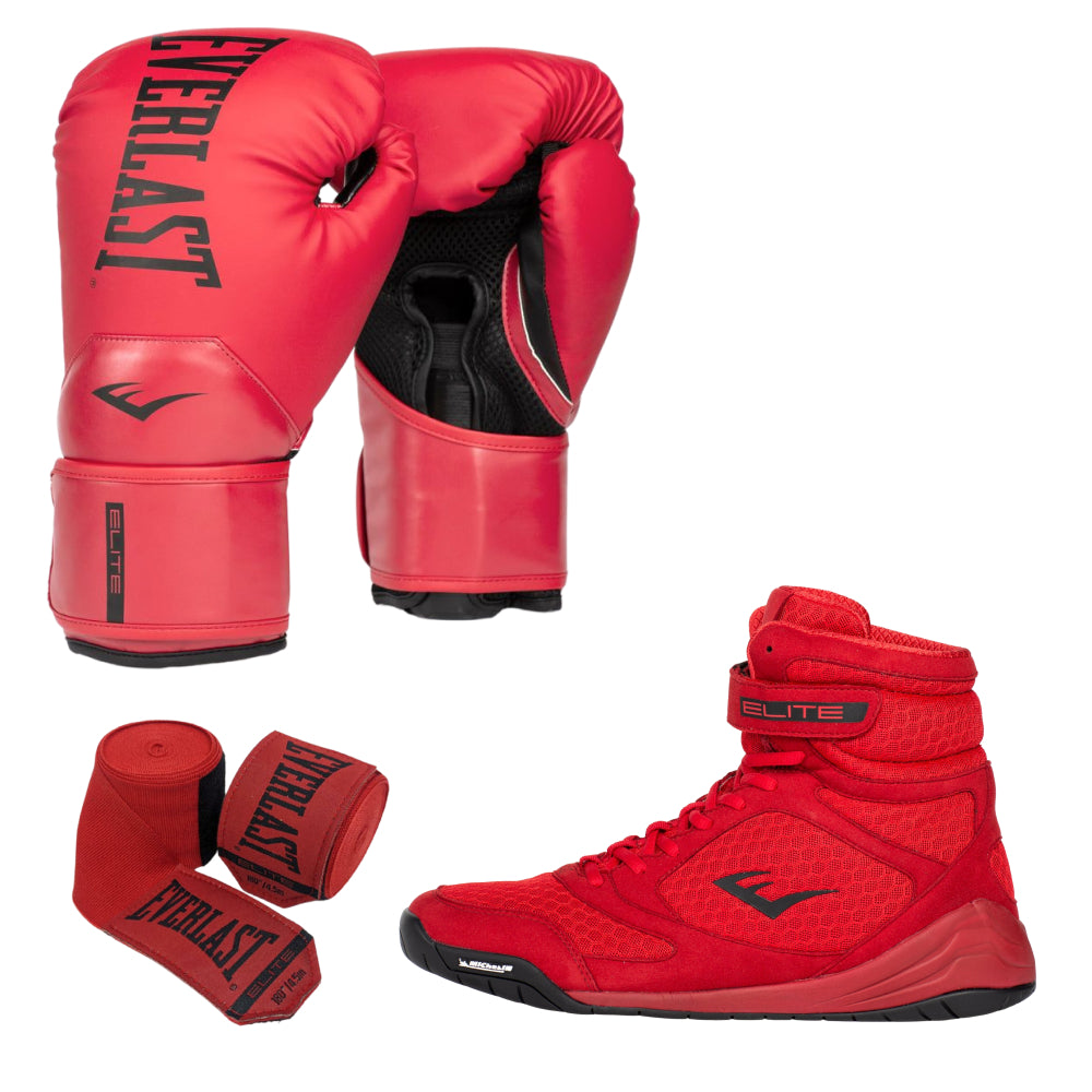 Red Elite Boxing Shoe. Glove and Hand Wrap Bundle
