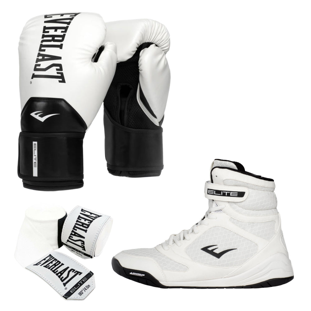 White Elite Boxing Shoe. Glove and Hand Wrap Bundle